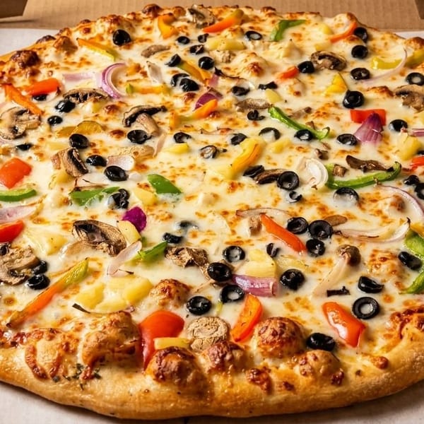 A freshly baked pizza with mushrooms, olives, peppers, onions, and pineapple in a cardboard box.