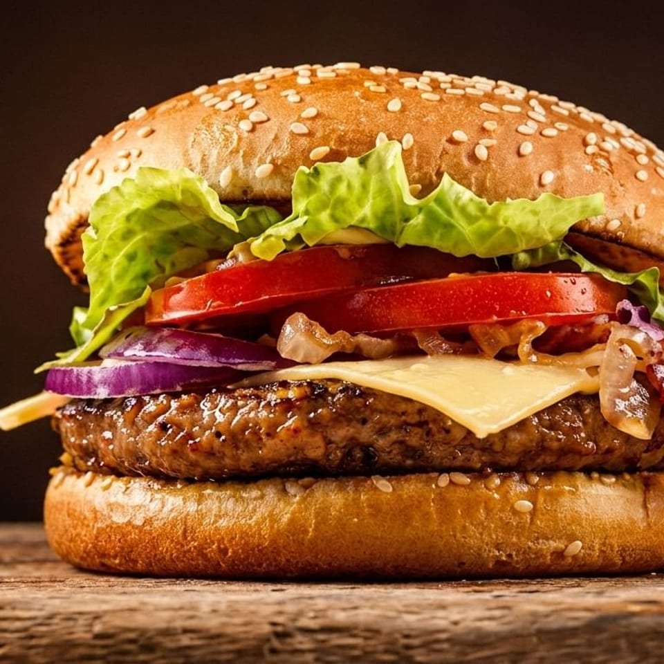 A juicy burger with lettuce, tomato, red onion, cheese, and bacon on a sesame seed bun.