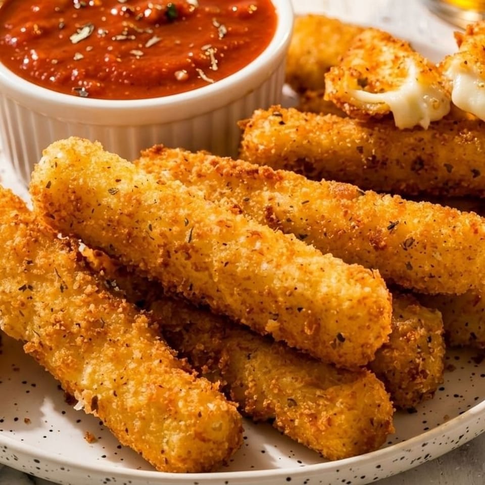 Golden-brown mozzarella sticks with herbs on a white plate, served with a side of marinara sauce.