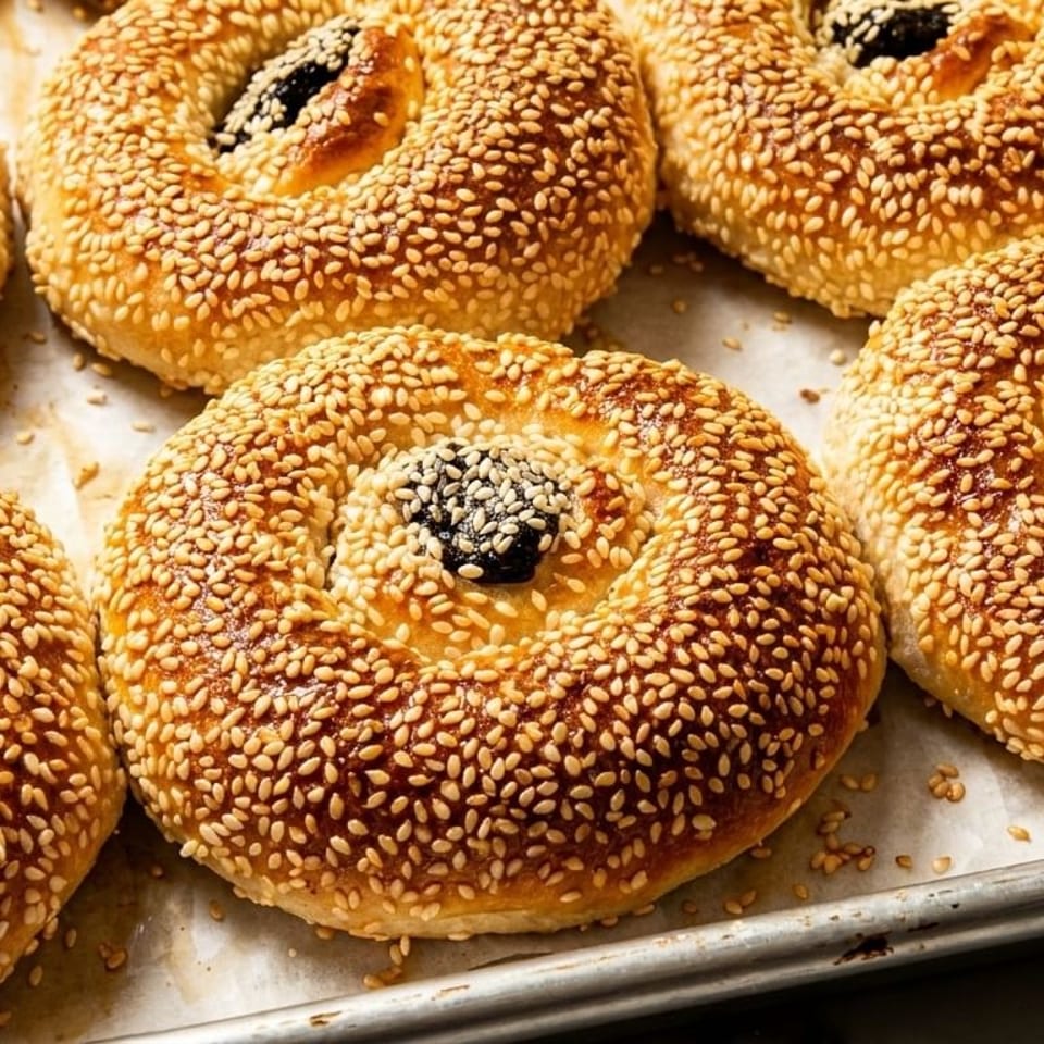 Close-up of freshly baked, golden-brown sesame seed bagels with dark centers on a baking sheet.