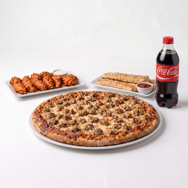16'' Pizza with Two Toppings, 10 Pieces Buffalo Wings, Breadsticks, 2 Ltr Soda.