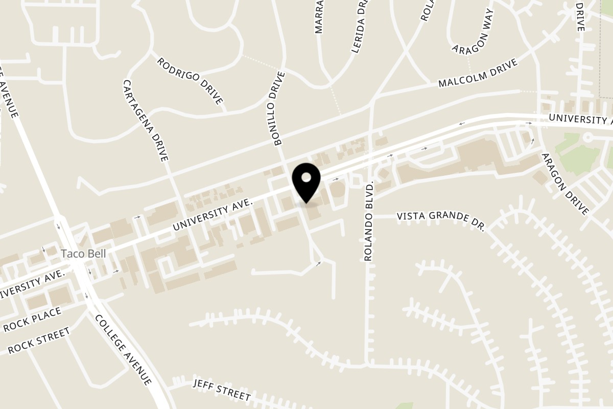 Map showing the location of San Diego Giant Pizza on 6305 University Ave in San Diego